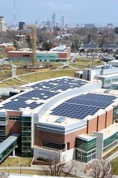Solar arrays on UNMC campus, including Maurer Center for Public Health in background Solar arrays on health campus